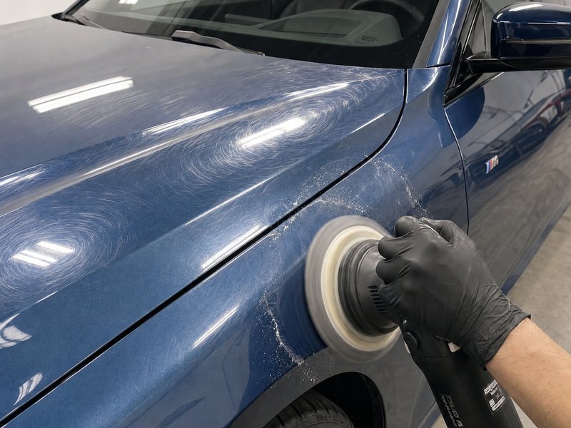 Machine polishing paint correction on a blue sports car