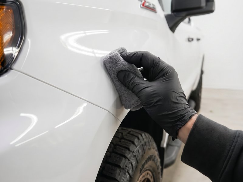 Hand applying ceramic coating to a white truck